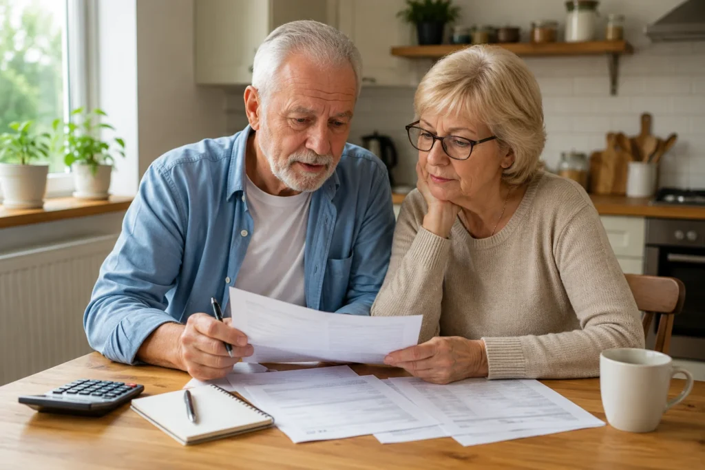 Older UK couple reviewing equity release paperwork at home