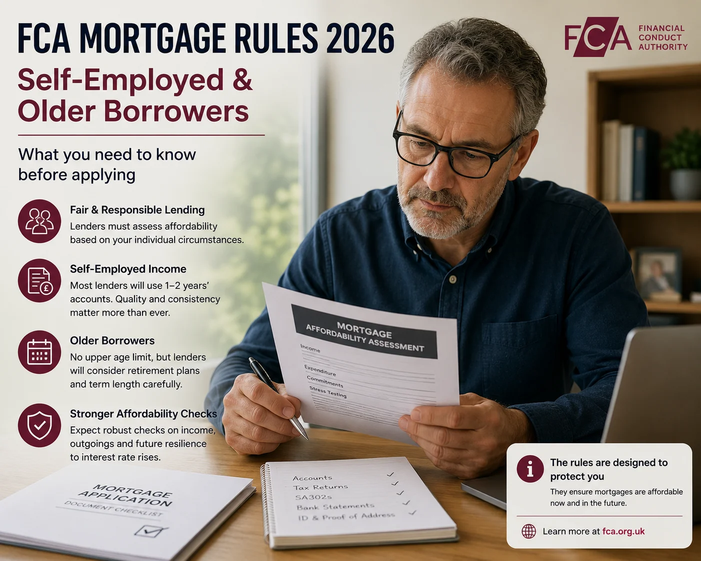 FCA mortgage rules 2026 self-employed older borrowers