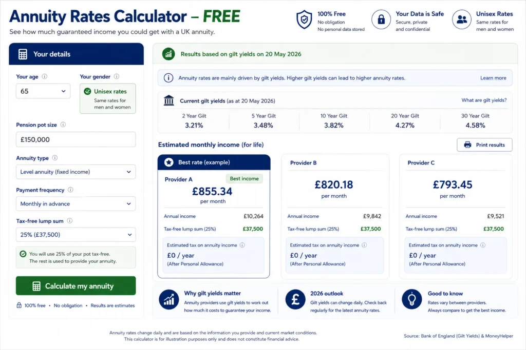 annuity rates calculator free UK gilt yields 2026