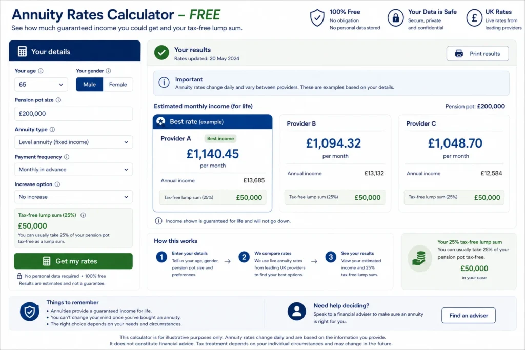 annuity rates calculator free UK pension lump sum