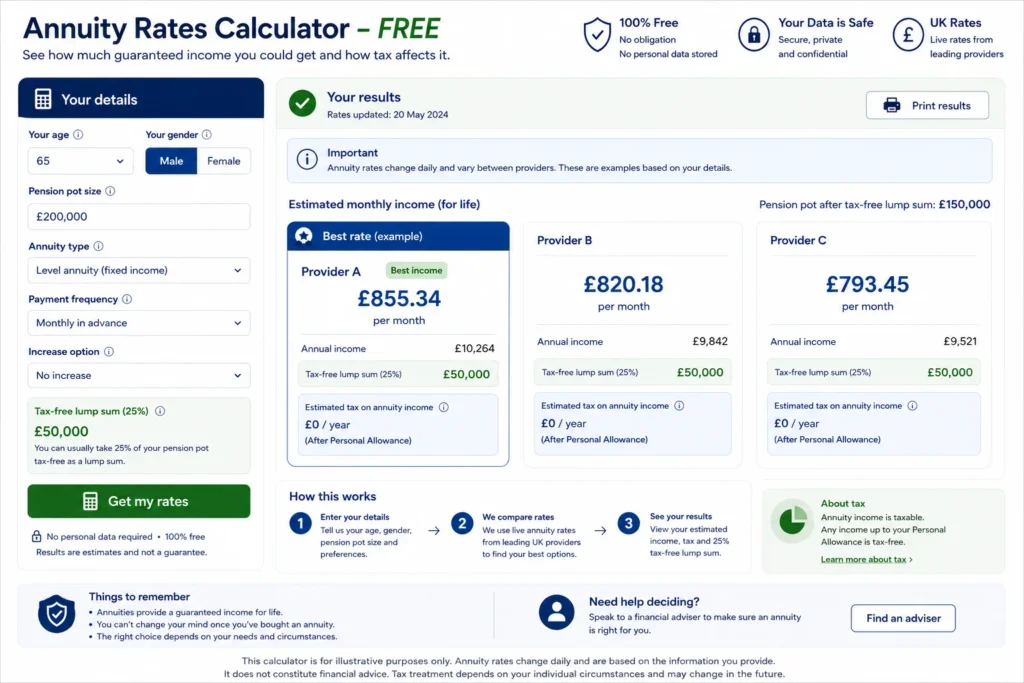 annuity rates calculator free UK tax