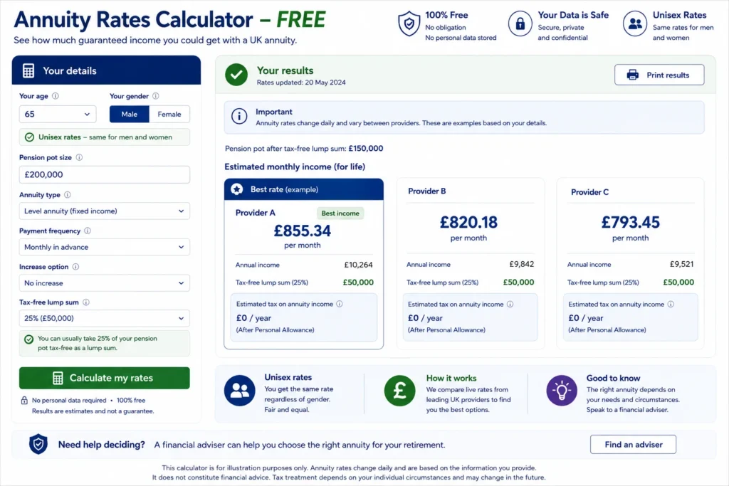 annuity rates calculator free UK unisex
