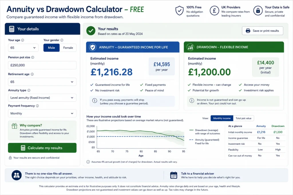 annuity rates calculator free UK vs drawdown