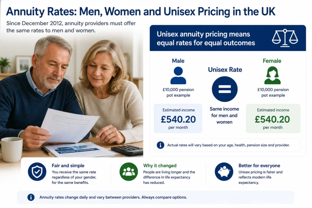 annuity rates men women UK unisex pricing