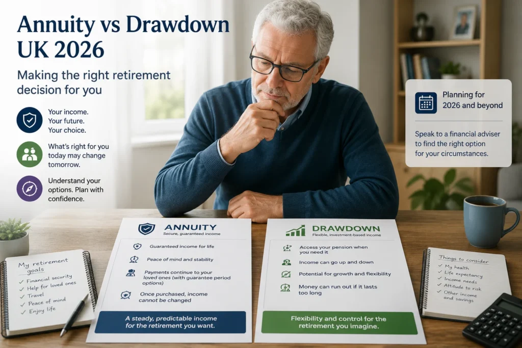 annuity vs drawdown UK 2026 retirement decision