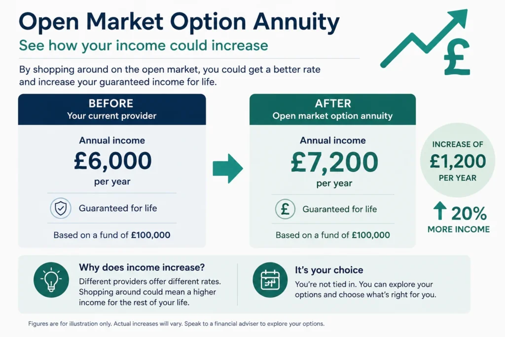 open market option annuity income increase example