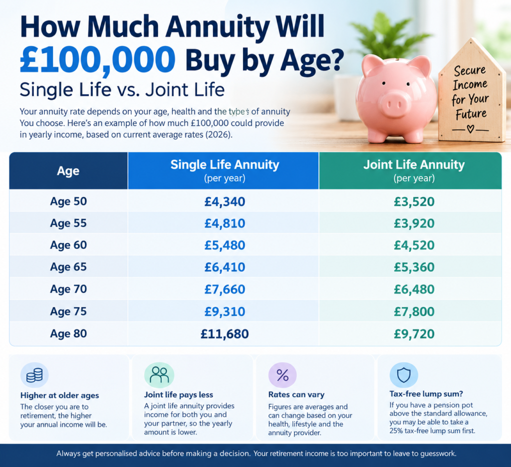how much annuity will £100,000 buy by age, single life vs joint life