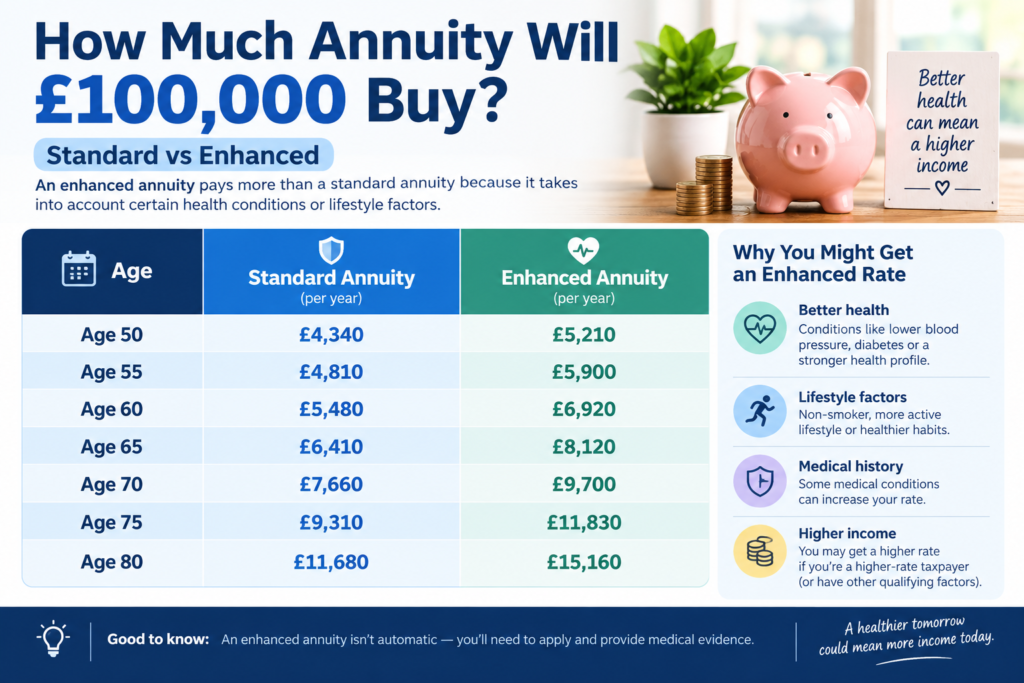 how much annuity will £100,000 buy standard vs enhanced